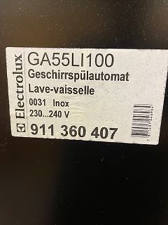 Typenschild eines Electrolux Geschirrspülautomaten