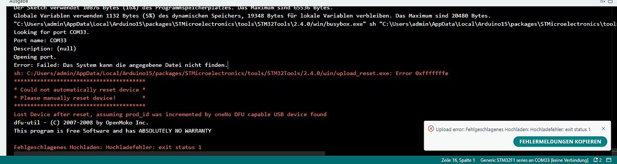 Fehlermeldung beim Upload eines STM32 Sketches