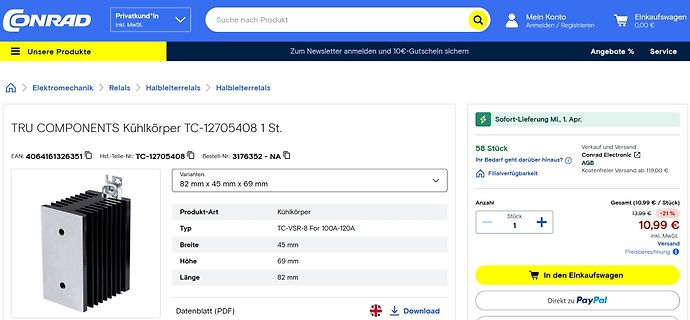 Produktseite eines Kühlkörpers im Conrad Onlineshop