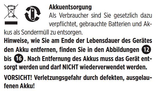 Entsorgungshinweis für Akkus aus einer Bedienungsanleitung