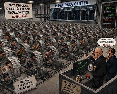 Karikatur eines Mega Data Centers mit Menschen auf Laufrädern