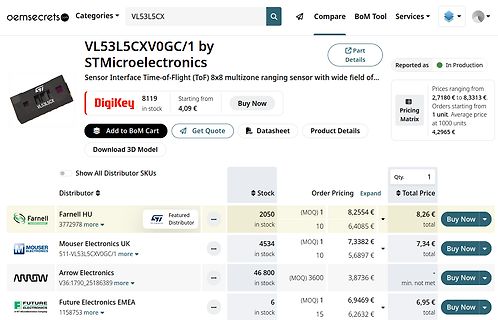 Webseite eines Elektronik-Distributors für VL53L5CX Sensor