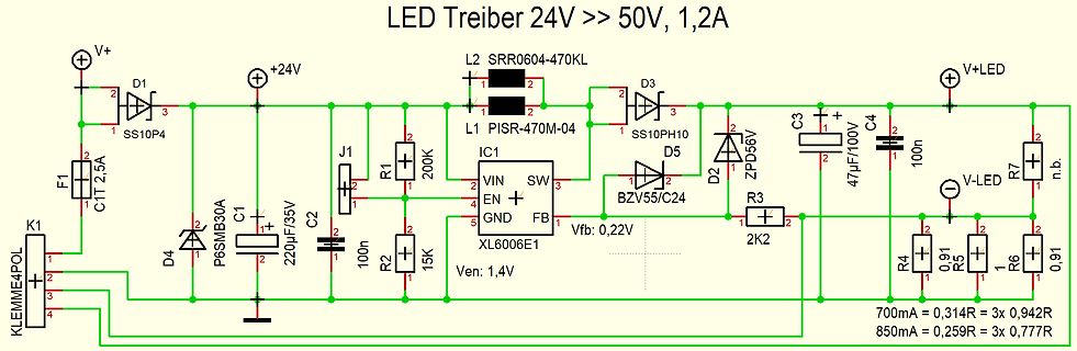 Schaltplan eines LED-Treibers 24V zu 50V