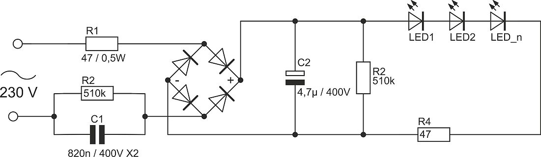 Schaltplan eines LED-Treibers mit Brückengleichrichter