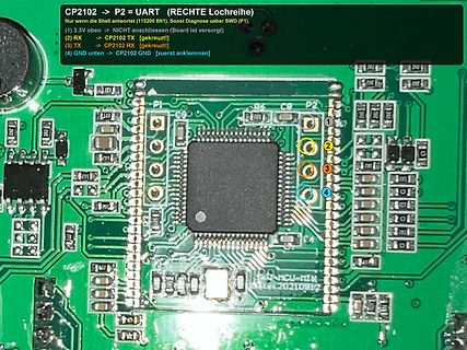 Leiterplatte mit Mikrocontroller und Pinbelegungshinweisen