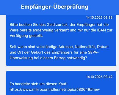 Screenshot einer Diskussion über eine SEPA-Überweisung