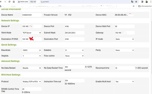 Webinterface einer Netzwerk-Seriell-Konvertierungseinheit