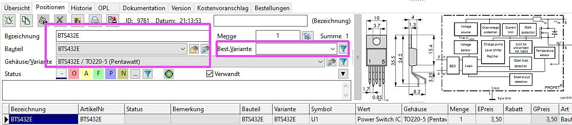 Software-Ansicht eines Bauteils BTS432E