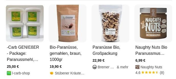 Online-Shop Produktliste Paranüsse