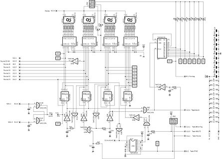 Schaltplan einer digitalen Uhr mit 7-Segment-Anzeigen