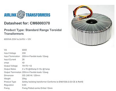 Datenblatt eines Airlink Toroidal-Transformators