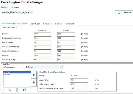 Einstellungen der CuraEngine Software