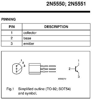 Pinbelegung und Symbol des Transistors 2N5550; 2N5551