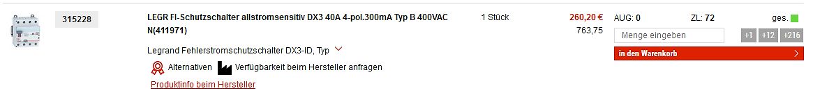 Screenshot eines Online-Shops für einen Fehlerstromschutzschalter