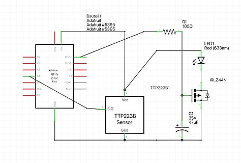 Schaltplan mit Adafruit QT Py ESP32 Pico und TTP223B Sensor