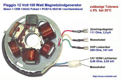 Piaggio 12 Volt 105 Watt Magnetzündgenerator Stator