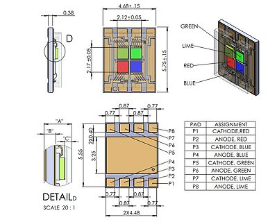 Technische Zeichnung einer RGB-LED mit Abmessungen und Pinbelegung