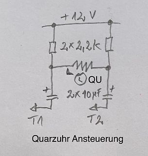 Handgezeichneter Schaltplan einer Quarzuhransteuerung