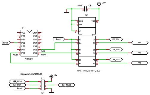 Schaltplan eines ATtiny841 und Programmieranschluss