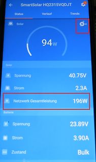 App-Anzeige eines Solar-Laderegisters mit Messwerten