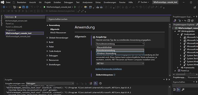 Screenshot der Visual Studio Eigenschaften eines WinForms-Projekts