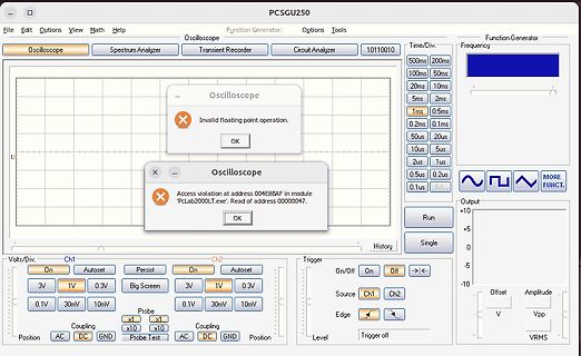 Software-Screenshot eines Oszilloskops mit Fehlermeldung