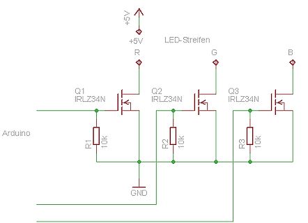 Schaltplan zur Ansteuerung eines RGB-LED-Streifens mit MOSFETs