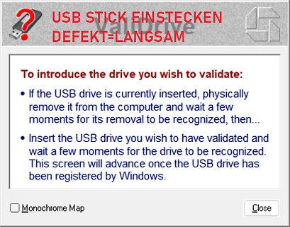 Software-Fenster zur USB-Stick-Validierung