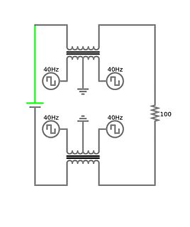 Schaltplan mit zwei Transformatoren und 40Hz Quellen