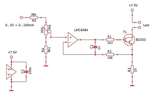Schaltplan einer Stromquelle mit Transistor und Operationsverstärker