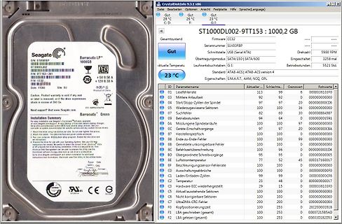 Screenshot einer Festplatten-Diagnosesoftware mit Produktfoto