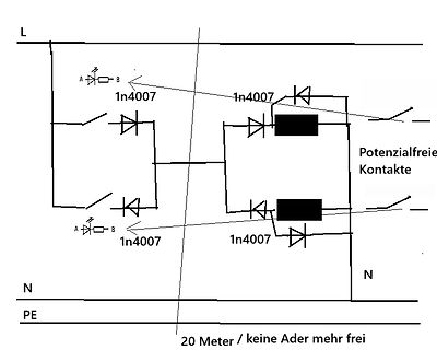 Schaltplan einer Brückengleichrichtung mit potentialfreien Kontakten