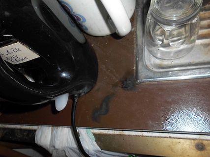 Schwarzes Gerät mit Kabel und Brandspuren auf Untergrund