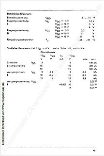 Ausschnitt eines Datenblatts mit Betriebsbedingungen und statischen Kennwerten