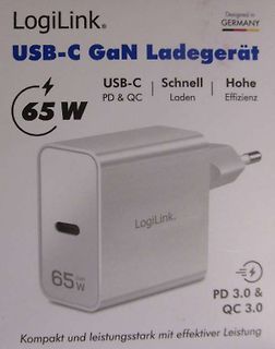 Verpackung eines LogiLink USB-C GaN Ladegeräts