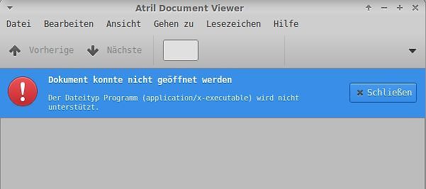 Fehlermeldung beim Öffnen eines Dateityps in Atril Document Viewer