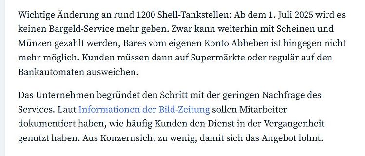 Nachricht über Einstellung des Bargeld-Service bei Shell