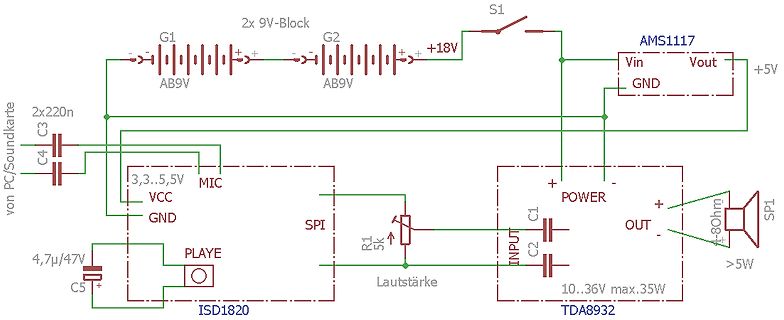Schaltplan einer Audio-Verstärker-Schaltung mit ISD1820