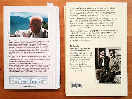 Buchrückseite mit Text und Porträtfoto