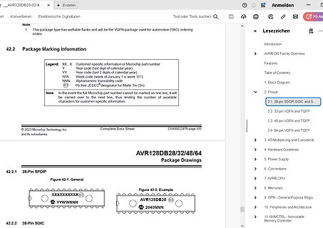 Datenblatt Ausschnitt AVR128DB Package Marking Information