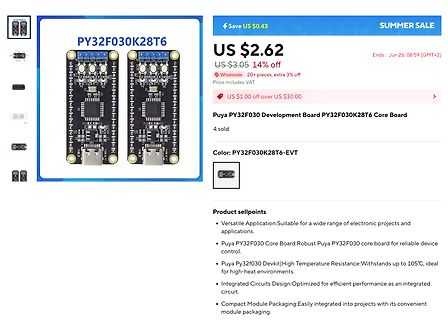 Online-Shop Produktseite für Puya PY32F030 Development Board