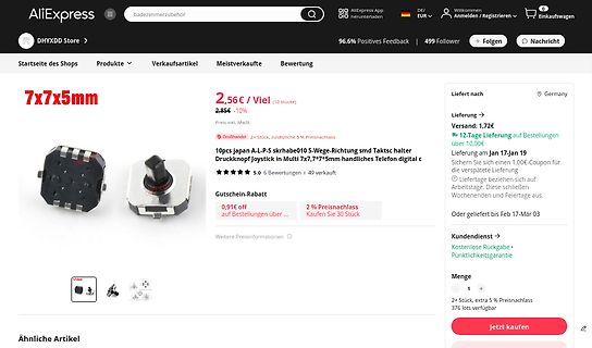 AliExpress Produktseite für Joystick-Bauteile