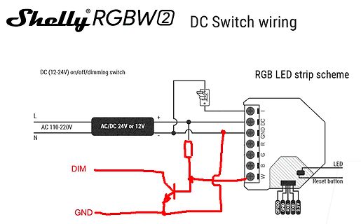 Schaltplan für Shelly RGBW2 DC Switch Verdrahtung