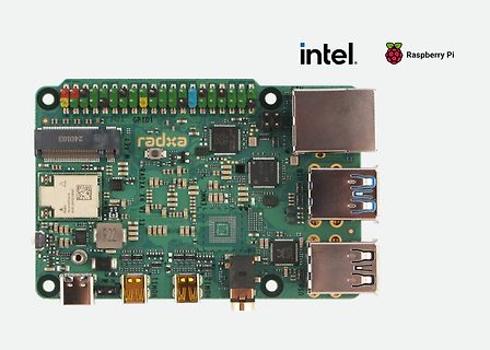 Radxa Single Board Computer mit Intel und Raspberry Pi Logos