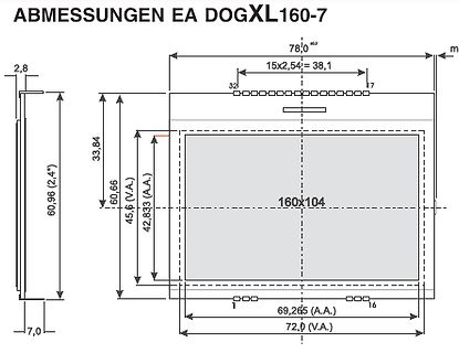 Technische Zeichnung mit Abmessungen eines LCD-Displays