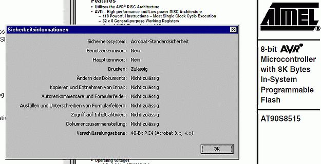 Ausschnitt eines Atmel AT90S815 Datenblatts mit Sicherheitsinformationen