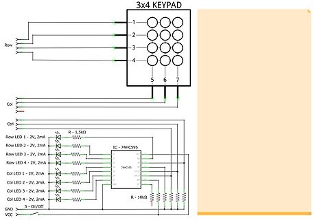 Schaltplan eines 3x4 Keypads mit 74HC595 Schieberegister