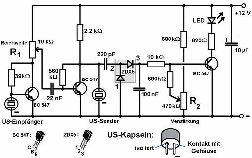 Schaltplan eines Ultraschall-Senders und -Empfängers