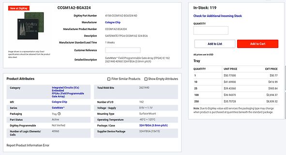 DigiKey Produktseite für GateMate FPGA