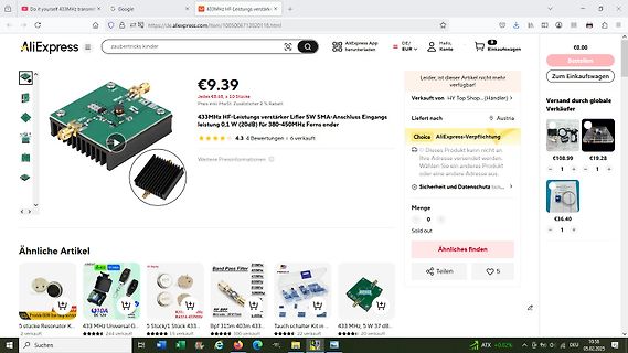 AliExpress Produktseite für 433MHz Leistungsverstärker